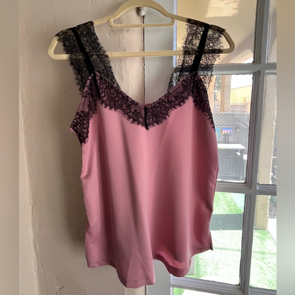 Lace trim camisole. Pink with black lace. Size M